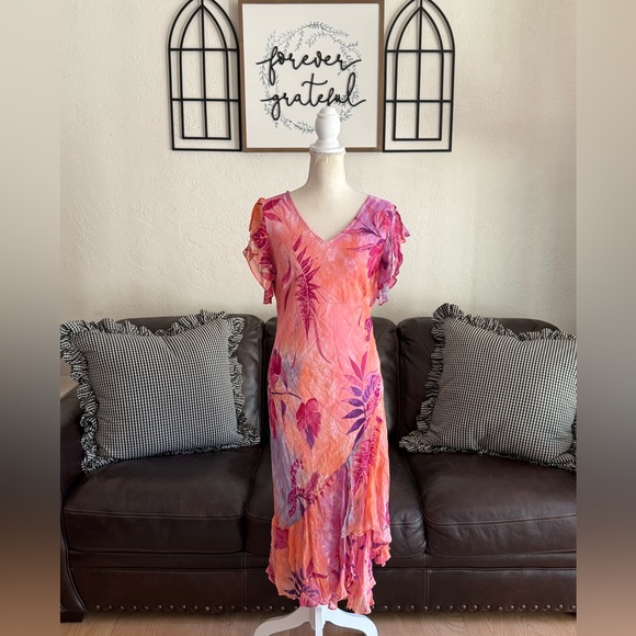 Vintage PHOOL Bright & Colorful Floral Dress Ruffle Asymmetrical Hem Rare 90s - Picture 4 of 15